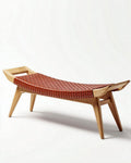 Houten bank met gevlochten leren zitting 120 x 30 x 40cm bruin