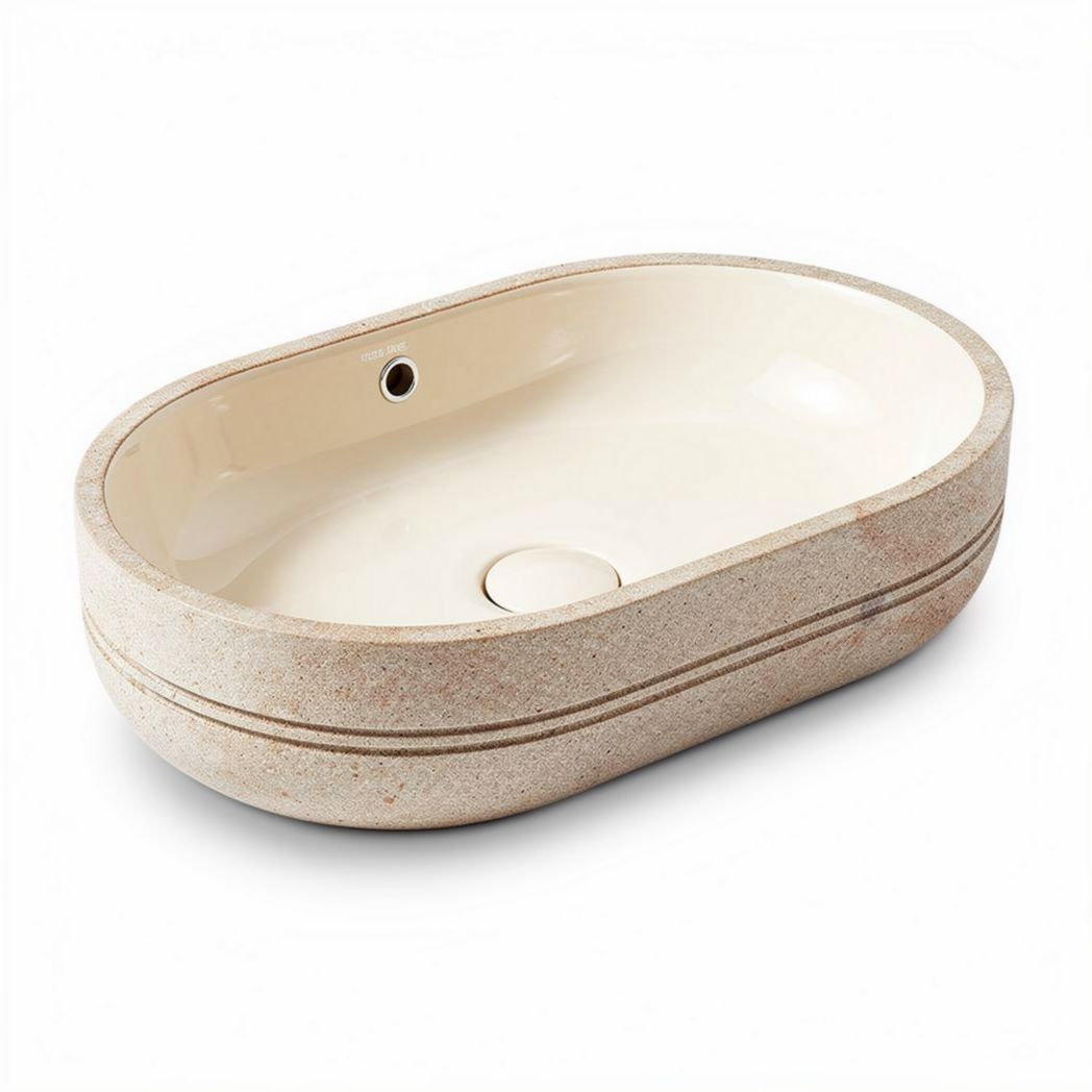 Sculpted natuursteen waskom in beige 50 x 30 x 15cm voor badkamergebruik