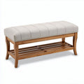 Houten bank met stof bekleding en opbergplank 115 x 45 x 45cm naturel