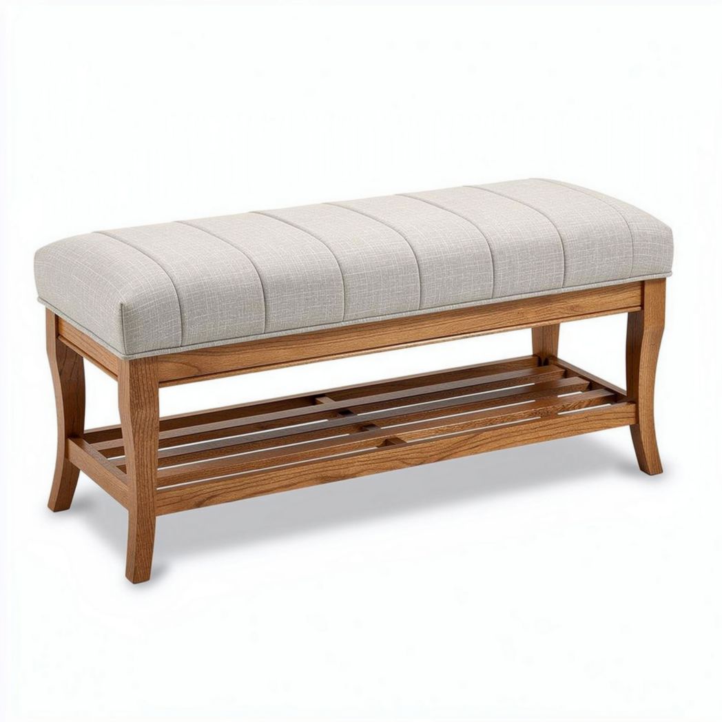 Houten bank met stof bekleding en opbergplank 115 x 45 x 45cm naturel