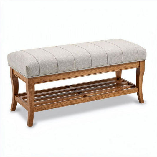 Houten bank met stof bekleding en opbergplank 115 x 45 x 45cm naturel