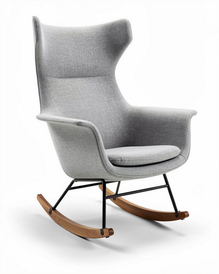 Schommelstoel van grijs stof met houten leuning 80 x 70 x 100cm