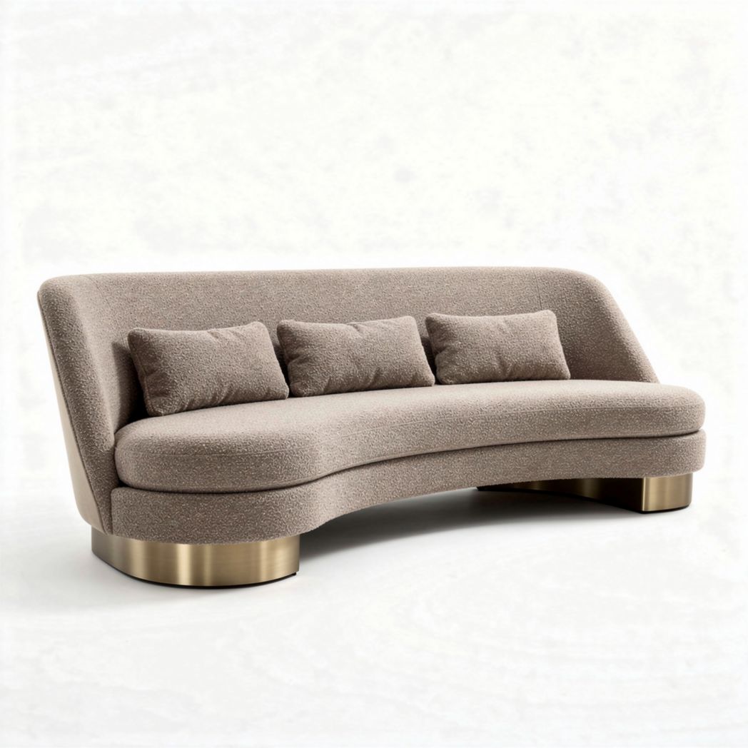 Gestoffeerde bank in beige met kussens en metalen basis 220 x 90 x 80cm