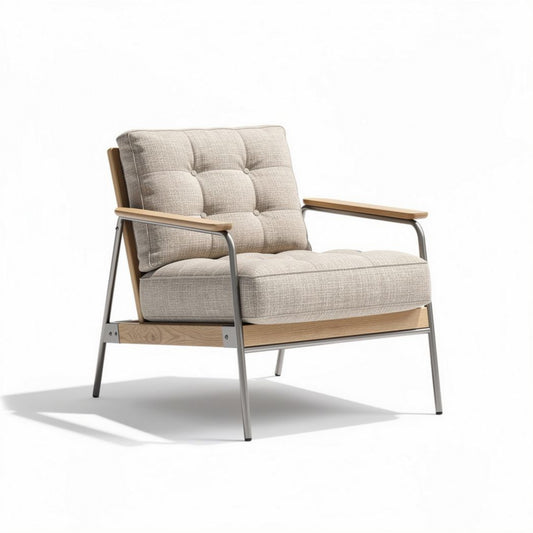 Leren fauteuil met houten armleuningen en stoffen bekleding 78 x 78 x 80cm