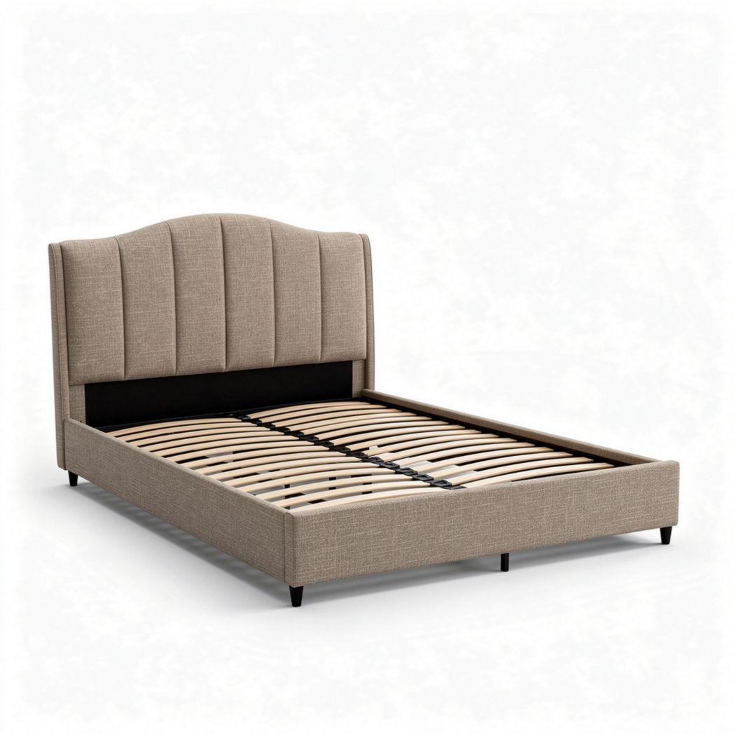 Stijlvol bed met gestoffeerd hoofdbord 200 x 160 x 90cm in bruin textiel